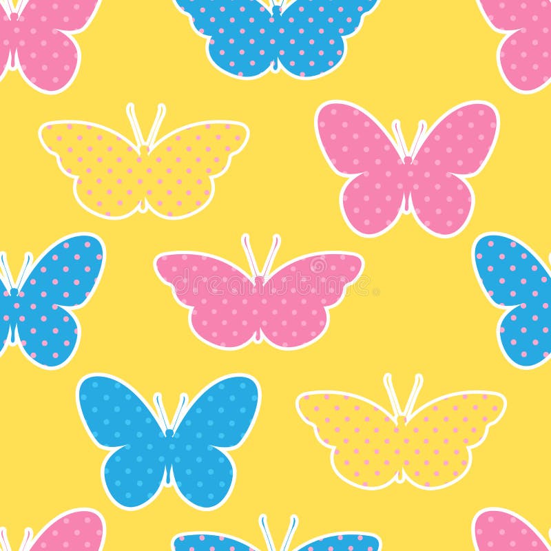 Modèle sans couture avec les silhouettes colorées de papillons sur le jaune illustration stock Modèle sans couture avec les silhouettes colorées de papillons sur le jaune illustration stock