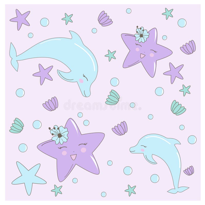 Modèle sans couture avec tiré par la main avec l'étoile, les fleurs et les coquilles de mer dans des couleurs en pastel Illustrat illustration libre de droits Modèle sans couture avec tiré par la main avec l'étoile, les fleurs et les coquilles de mer dans des couleurs en pastel Illustrat illustration libre de droits