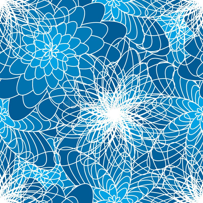 This illustration is drawing line flower with bright white color in blue color background seamless pattern. This illustration is drawing line flower with bright white color in blue color background seamless pattern.