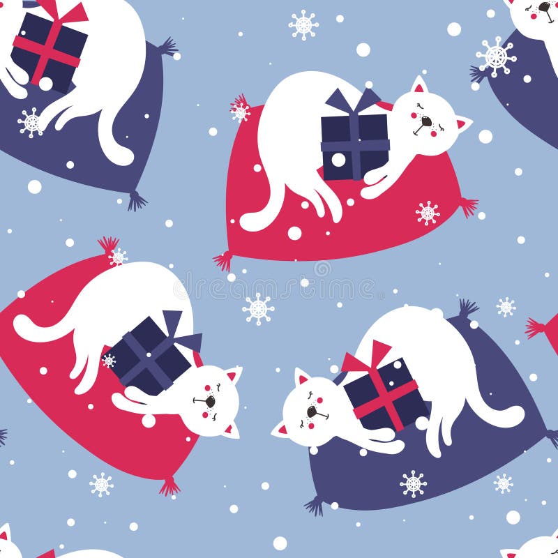 Modèle sans couture coloré avec des chats, cadeaux, neige Fond mignon décoratif avec des animaux, présents Joyeux No?l illustration stock Modèle sans couture coloré avec des chats, cadeaux, neige Fond mignon décoratif avec des animaux, présents Joyeux No?l illustration stock