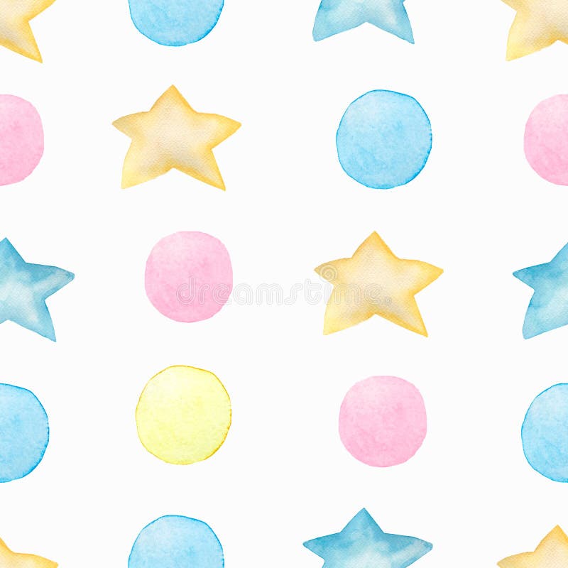 Modèle sans couture coloré d'enfant d'aquarelle avec le point et les étoiles de polka Illustration tirée par la main d'enfants de illustration libre de droits Modèle sans couture coloré d'enfant d'aquarelle avec le point et les étoiles de polka Illustration tirée par la main d'enfants de illustration libre de droits