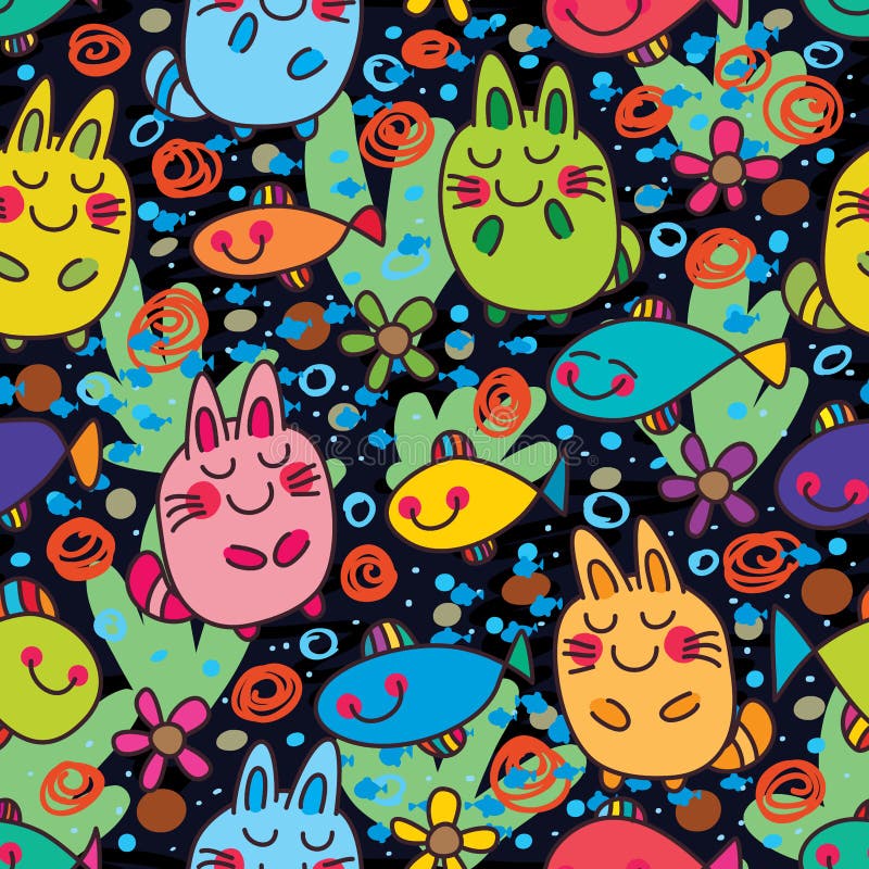 This illustration is night, cute cats start dream of fish, after this goodnight in seamless pattern. This illustration is night, cute cats start dream of fish, after this goodnight in seamless pattern.