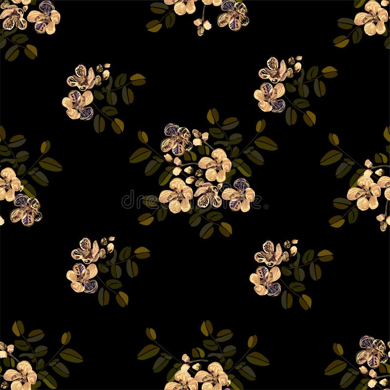 Seamless pattern,Graphic design, Cassia flower in abstract style on black background for fabric.paper. Seamless pattern,Graphic design, Cassia flower in abstract style on black background for fabric.paper.