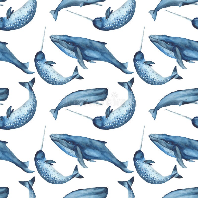 Modèle sans couture d'aquarelle avec des baleines, méduses, cachalot, narval illustration libre de droits Modèle sans couture d'aquarelle avec des baleines, méduses, cachalot, narval illustration libre de droits
