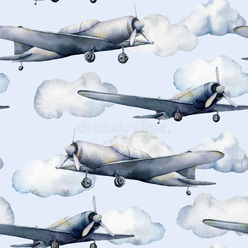 Modèle sans couture d'aquarelle avec l'avion et les nuages Illustration peinte à la main de ciel avec l'avion de propulseur d'iso