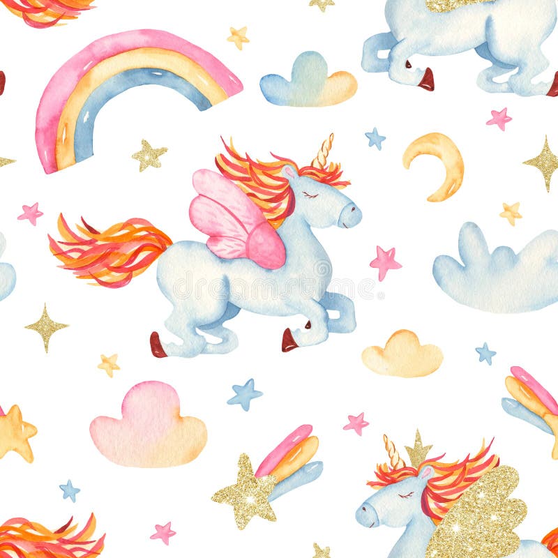 Mod? le sans couture d'aquarelle avec la licorne romantique de bande dessin? e mignonne, arc-en-ciel,? toiles, nuages illustration libre de droits
