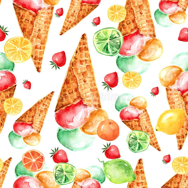 Modèle sans couture d'aquarelle de cru - crème glacée de cône de gaufrette avec des baies illustration stock Modèle sans couture d'aquarelle de cru - crème glacée de cône de gaufrette avec des baies illustration stock
