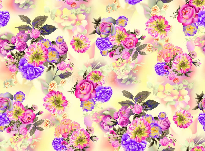 Modèle sans couture d'aquarelle de roses de jardin d'été et de fleurs d'iris sur le fond jaune illustration de vecteur