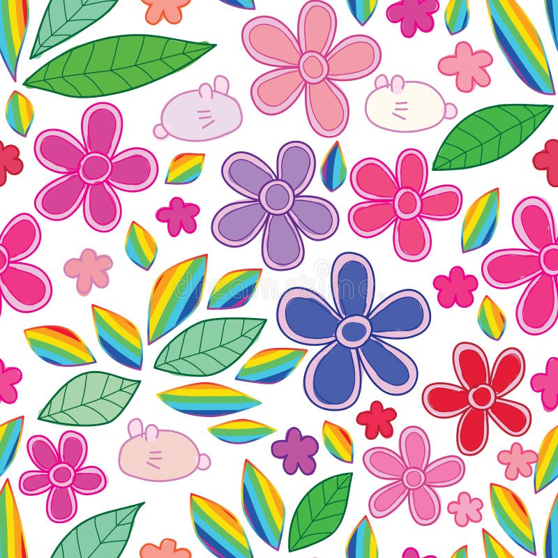 This illustration is design rabbit, flower, leaf and rainbow style leaf decoration on white color background seamless pattern. This illustration is design rabbit, flower, leaf and rainbow style leaf decoration on white color background seamless pattern.