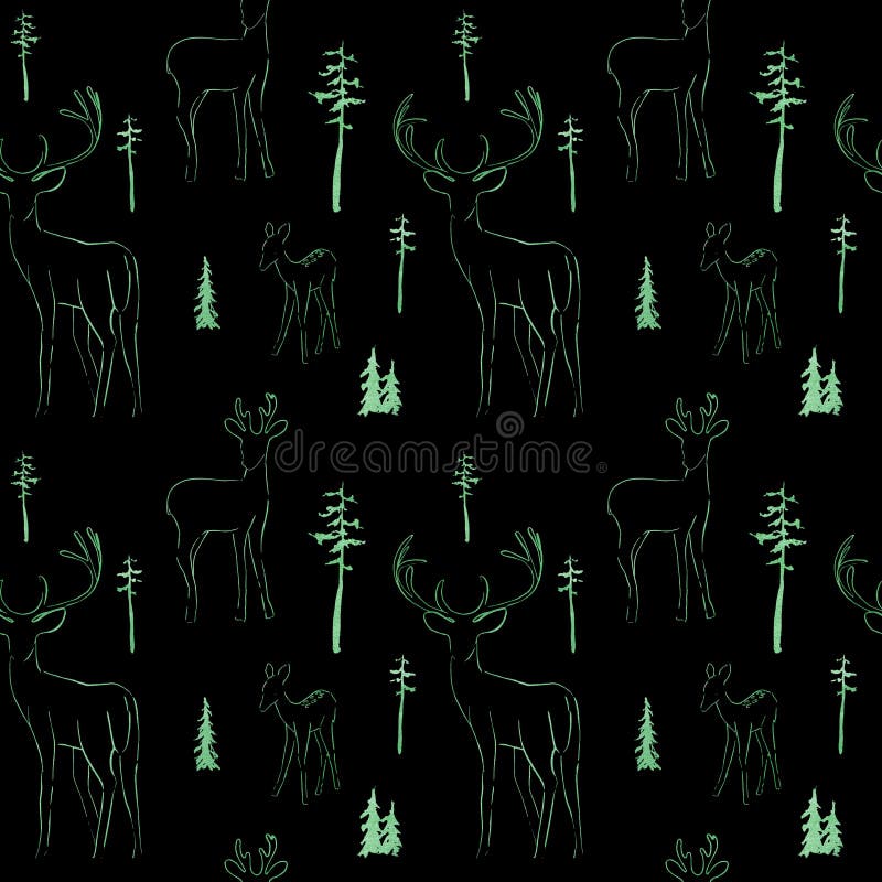 Modèle sans couture d'hiver avec des cerfs communs à l'arrière-plan foncé de forêt illustration stock Modèle sans couture d'hiver avec des cerfs communs à l'arrière-plan foncé de forêt illustration stock