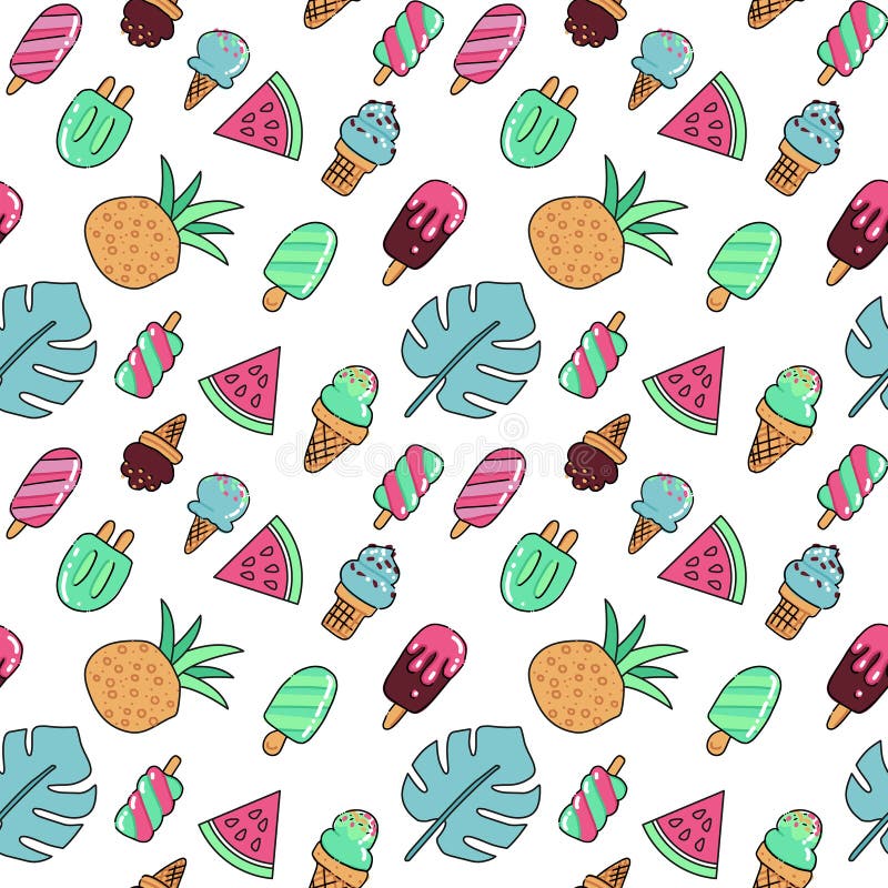 Modèle sans couture d'icônes de vacances d'été avec la crème glacée, la pastèque, l'ananas et les palmettes Contour tiré par la m illustration libre de droits Modèle sans couture d'icônes de vacances d'été avec la crème glacée, la pastèque, l'ananas et les palmettes Contour tiré par la m illustration libre de droits