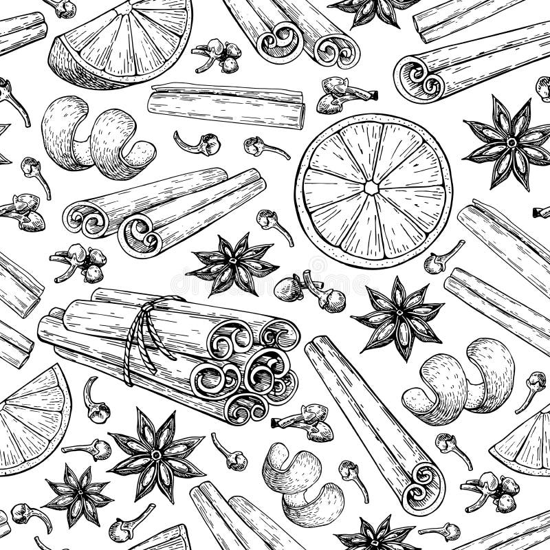 Modèle sans couture d'ingradients de vin chaud Groupe attaché de bâton de cannelle, étoile d'anis, orange, clous de girofle illustration de vecteur Modèle sans couture d'ingradients de vin chaud Groupe attaché de bâton de cannelle, étoile d'anis, orange, clous de girofle illustration de vecteur