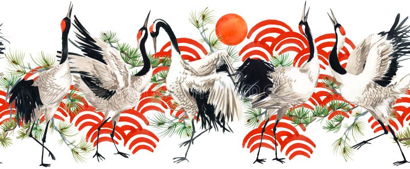 Modèle sans couture d'oiseau japonais de grue d'aquarelle illustration libre de droits Modèle sans couture d'oiseau japonais de grue d'aquarelle illustration libre de droits