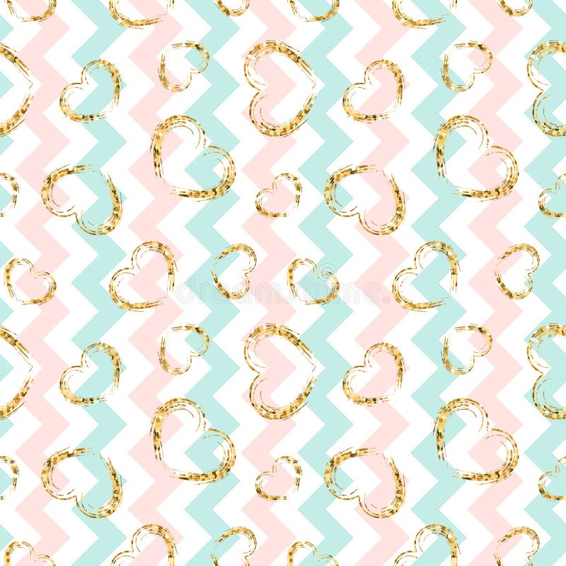Modèle sans couture de coeur d'or zigzag géométrique blanc bleu, confettis-coeurs grunges d'or amour, Saint Valentin illustration stock Modèle sans couture de coeur d'or zigzag géométrique blanc bleu, confettis-coeurs grunges d'or amour, Saint Valentin illustration stock