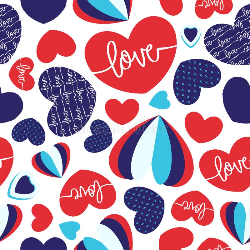 Modèle sans couture de coeurs de vecteur avec les nuances rouges et bleues de couleurs illustration stock