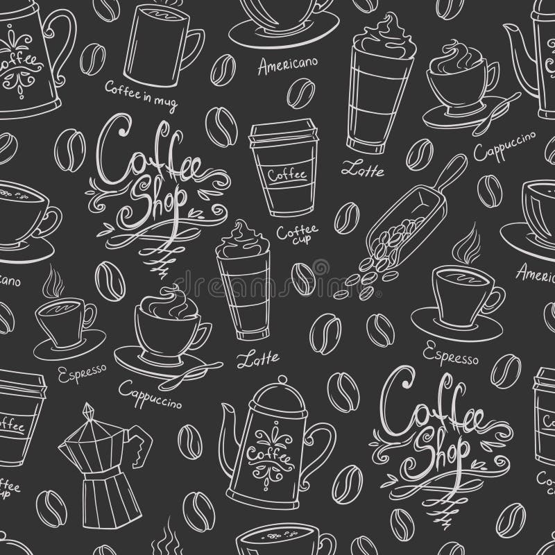 Coffee shop design seamless background. Stylized coffee pattern. Vector. Coffee shop design seamless background. Stylized coffee pattern. Vector.