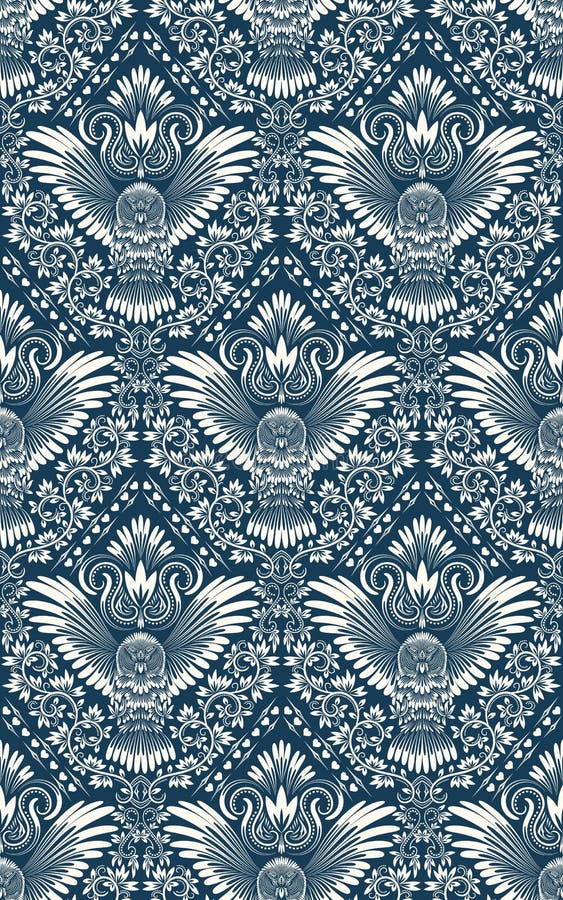 Modèle sans couture de damassé avec la silhouette de hibou Vintage répétant le fond Ornement floral des tons bleus dans le style illustration de vecteur Modèle sans couture de damassé avec la silhouette de hibou Vintage répétant le fond Ornement floral des tons bleus dans le style illustration de vecteur