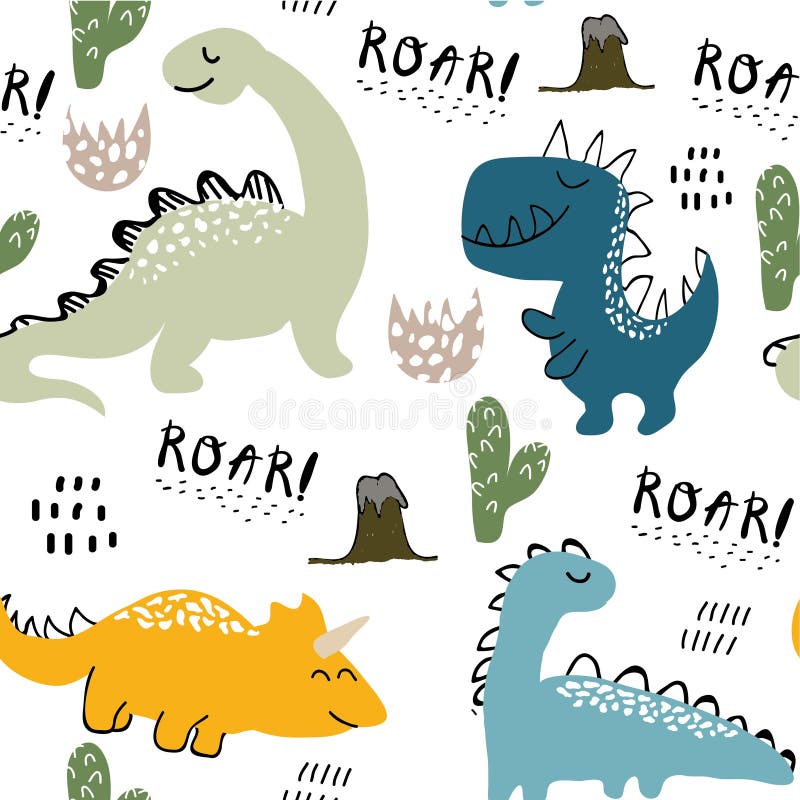 Modèle sans couture de dinosaure puéril pour des vêtements de mode, tissu, T-shirts Vecteur tiré par la main avec le lettrage illustration libre de droits