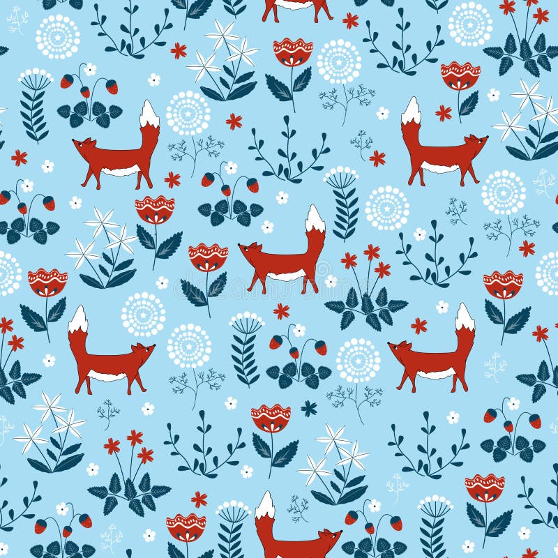 Modèle sans couture de forêt avec de petits renards et flovers mignons illustration stock Modèle sans couture de forêt avec de petits renards et flovers mignons illustration stock