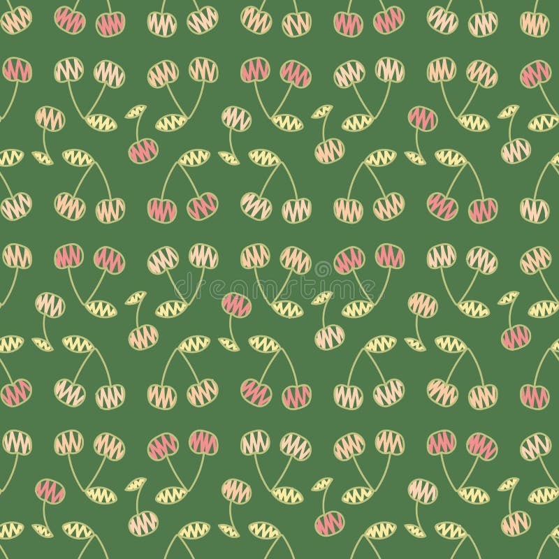 Modèle sans couture de griffonnage de vecteur avec les cerises roses sur le fond vert illustration libre de droits Modèle sans couture de griffonnage de vecteur avec les cerises roses sur le fond vert illustration libre de droits