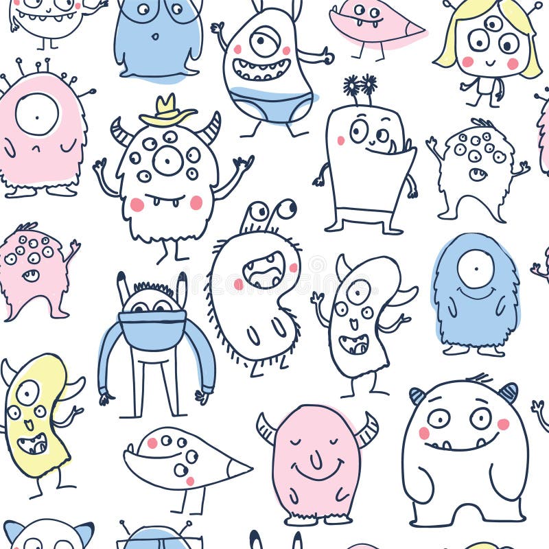 Modèle sans couture de griffonnages mignons de monstres illustration stock Modèle sans couture de griffonnages mignons de monstres illustration stock