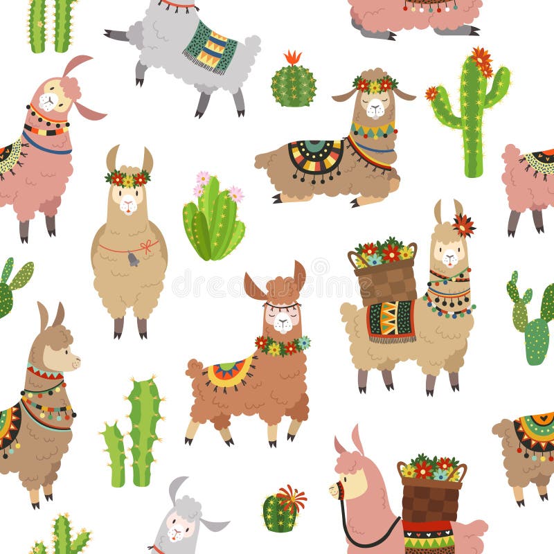 Modèle sans couture de lama Alpaga mignon de lamas de bébé et lama sauvage de cactus Chameau du Pérou, texture animale de vecteur
