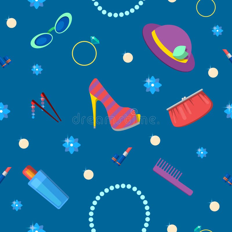 Modèle sans couture de mode de femme avec des cosmétiques, les accessoires et les vêtements illustration stock Modèle sans couture de mode de femme avec des cosmétiques, les accessoires et les vêtements illustration stock