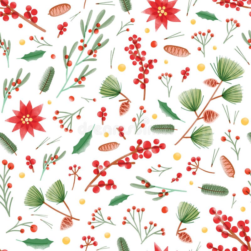 Modèle sans couture de Noël avec des feuilles de houx, des usines de poinsettia et de gui, des cônes de pin et des branches sur l illustration stock