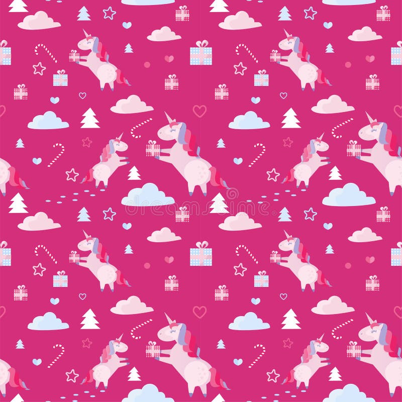 Modèle sans couture de Noël avec des licornes, sapins, canne de sucrerie, boîte-cadeau sur le fond cramoisi Calibre de vacances a illustration libre de droits Modèle sans couture de Noël avec des licornes, sapins, canne de sucrerie, boîte-cadeau sur le fond cramoisi Calibre de vacances a illustration libre de droits