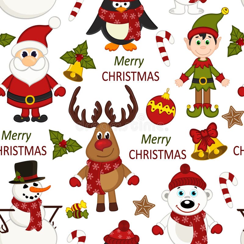 Modèle sans couture de Noël avec Santa, pingouin, cerf commun, ours, bonhomme de neige, elfe illustration de vecteur Modèle sans couture de Noël avec Santa, pingouin, cerf commun, ours, bonhomme de neige, elfe illustration de vecteur