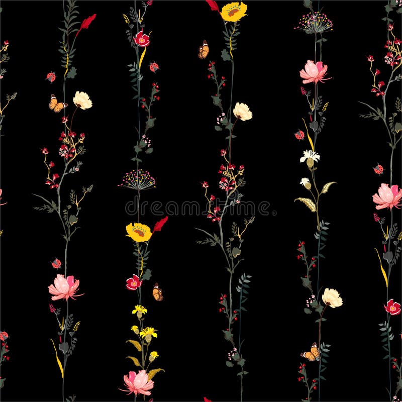 Modèle sans couture de nuit foncée de jardin de Brautiful dans la conception botanique d'illustration de vecteur de rayure de ran illustration stock Modèle sans couture de nuit foncée de jardin de Brautiful dans la conception botanique d'illustration de vecteur de rayure de ran illustration stock