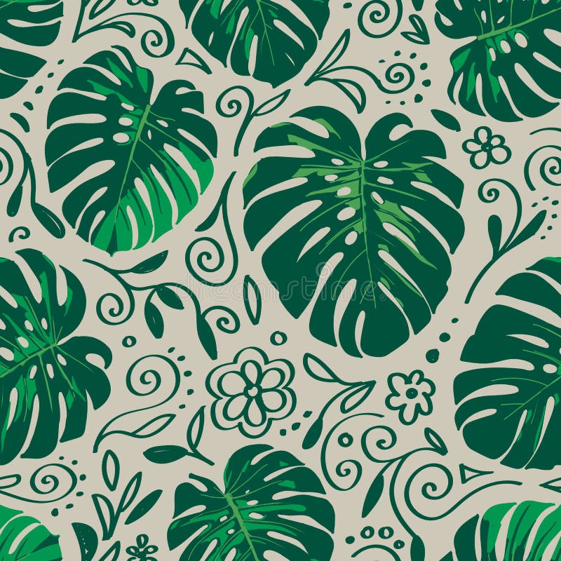 Modèle sans couture de palmettes de monstera avec la ligne éléments de griffonnage illustration stock Modèle sans couture de palmettes de monstera avec la ligne éléments de griffonnage illustration stock