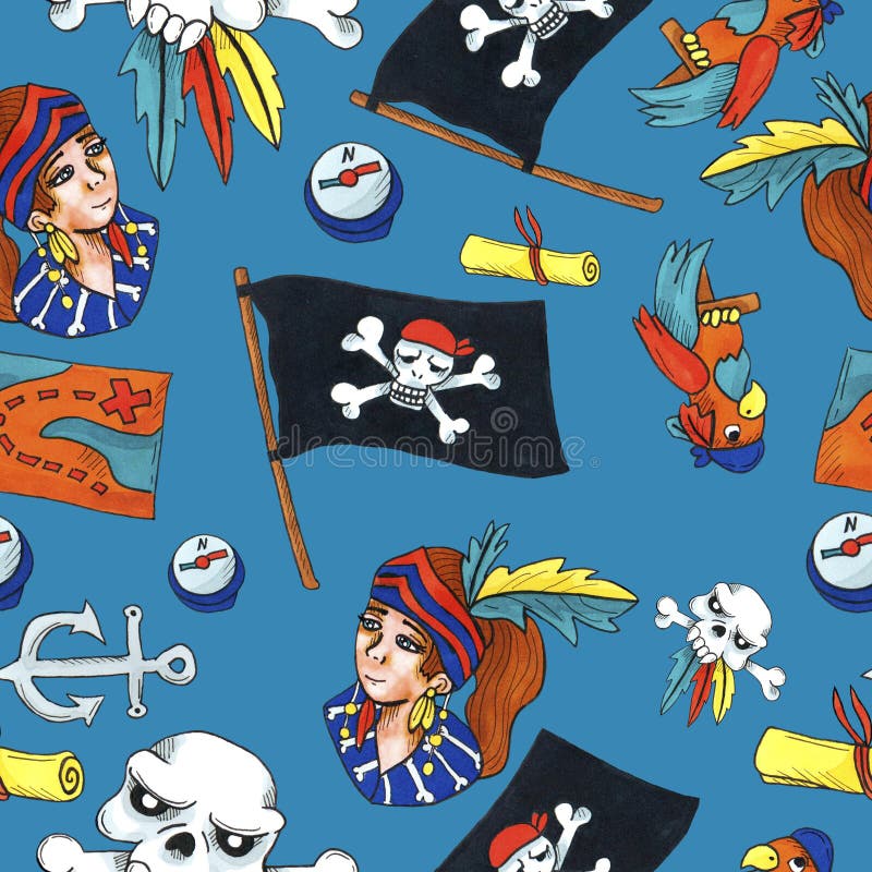 Modèle sans couture de pirate objets colorés répétant le fond pour le but de Web et d'impression illustration libre de droits Modèle sans couture de pirate objets colorés répétant le fond pour le but de Web et d'impression illustration libre de droits