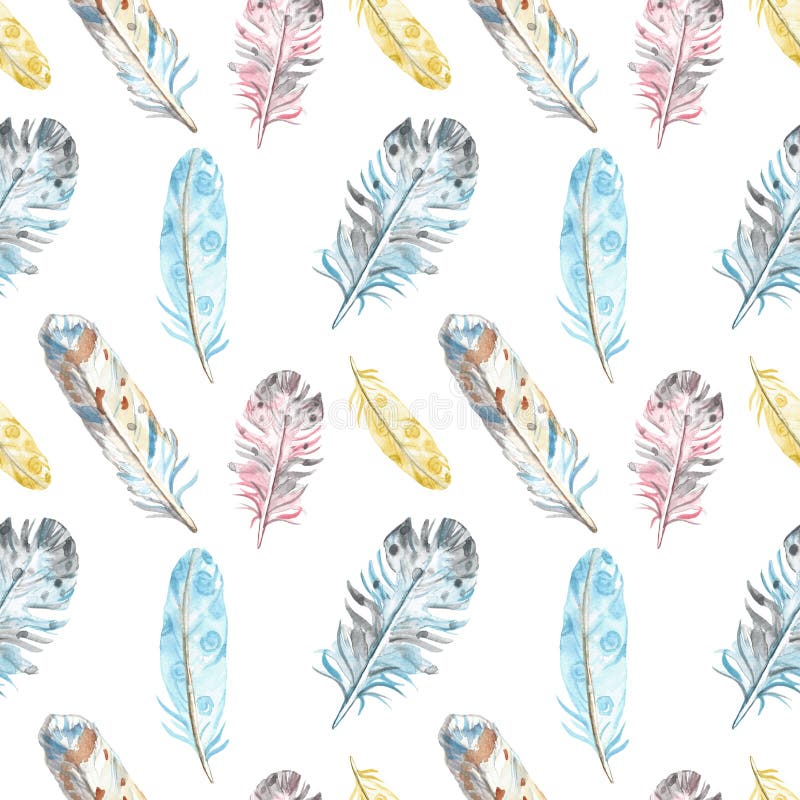 Watercolor bird feathers seamless pattern in pastel colors on white background. Hand drawn ethnic tribal illustration in boho style. Best for spring cards, easter design, wrapping paper, textile, invitations. Watercolor bird feathers seamless pattern in pastel colors on white background. Hand drawn ethnic tribal illustration in boho style. Best for spring cards, easter design, wrapping paper, textile, invitations.