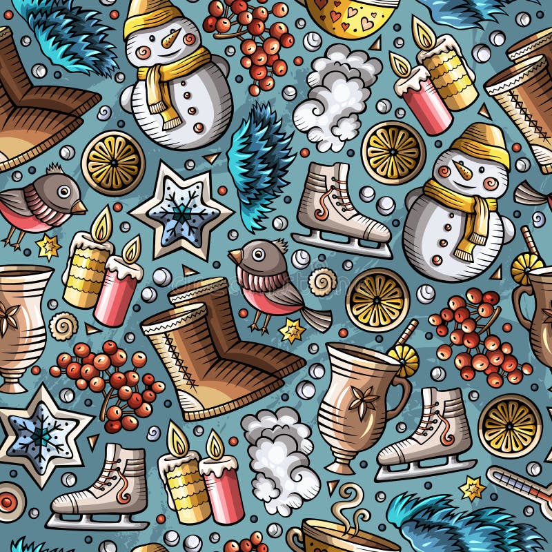 Modèle sans couture de saison tirée par la main mignonne d'hiver de bande dessinée illustration stock Modèle sans couture de saison tirée par la main mignonne d'hiver de bande dessinée illustration stock
