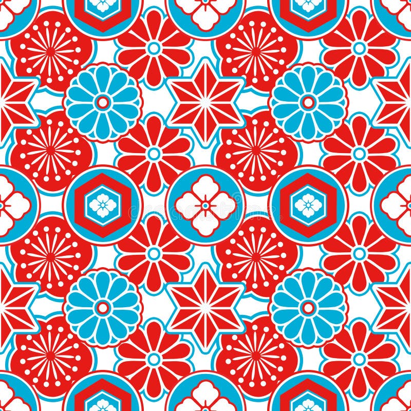 Modèle sans couture de style de l'Asie avec les fleurs ornementales japonaises rouges et bleues et les éléments géométriques sur illustration de vecteur Modèle sans couture de style de l'Asie avec les fleurs ornementales japonaises rouges et bleues et les éléments géométriques sur illustration de vecteur