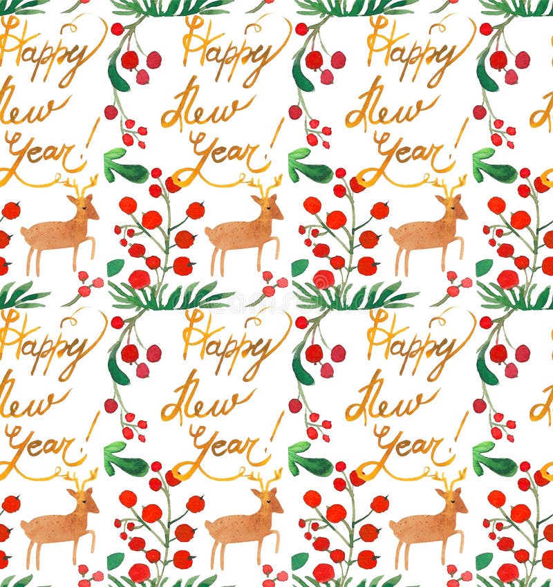 Modèle sans couture de vacances de Noël d'aquarelle avec la copie de baies, de cerfs communs et de bonne année Thème de nouvelle illustration libre de droits Modèle sans couture de vacances de Noël d'aquarelle avec la copie de baies, de cerfs communs et de bonne année Thème de nouvelle illustration libre de droits