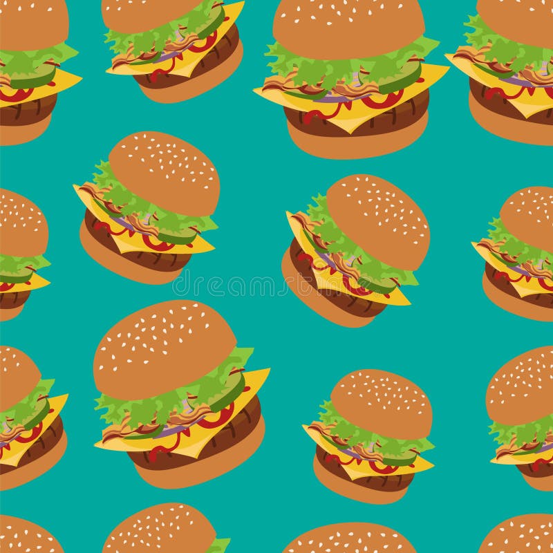 Modèle sans couture de vecteur avec l'image d'hamburger Fond vert de cheeseburger illustration stock Modèle sans couture de vecteur avec l'image d'hamburger Fond vert de cheeseburger illustration stock