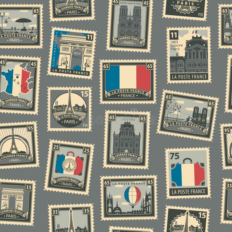Modèle sans couture de vecteur avec les timbres-poste français illustration stock Modèle sans couture de vecteur avec les timbres-poste français illustration stock