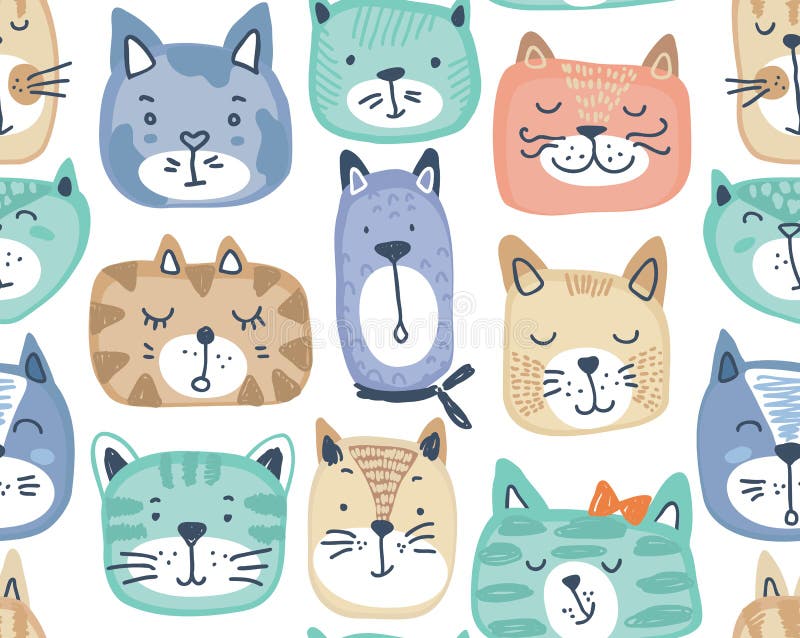 Modèle sans couture de vecteur avec les visages colorés tirés par la main de chat illustration stock Modèle sans couture de vecteur avec les visages colorés tirés par la main de chat illustration stock