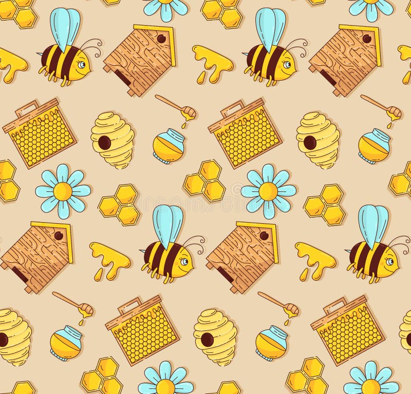Modèle sans couture de vecteur de bande dessinée d'abeille de miel illustration libre de droits Modèle sans couture de vecteur de bande dessinée d'abeille de miel illustration libre de droits
