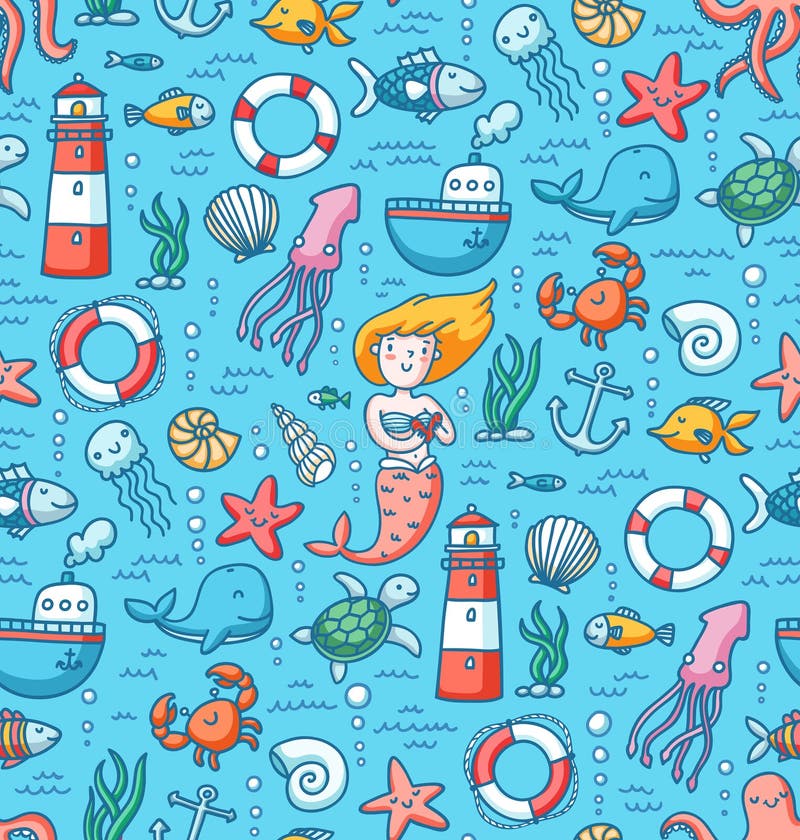 Modèle sans couture de vecteur coloré de vie marine illustration stock Modèle sans couture de vecteur coloré de vie marine illustration stock