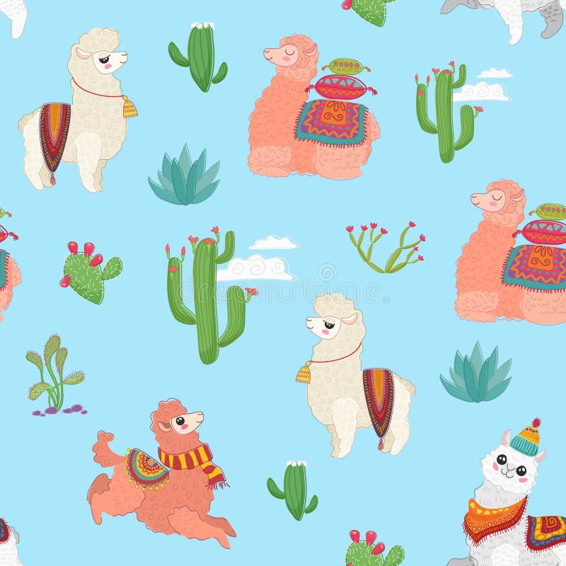 Modèle sans couture de vecteur tiré par la main avec l'alpaga mignon de lama, le cactus et d'autres herbes d'usine illustration stock