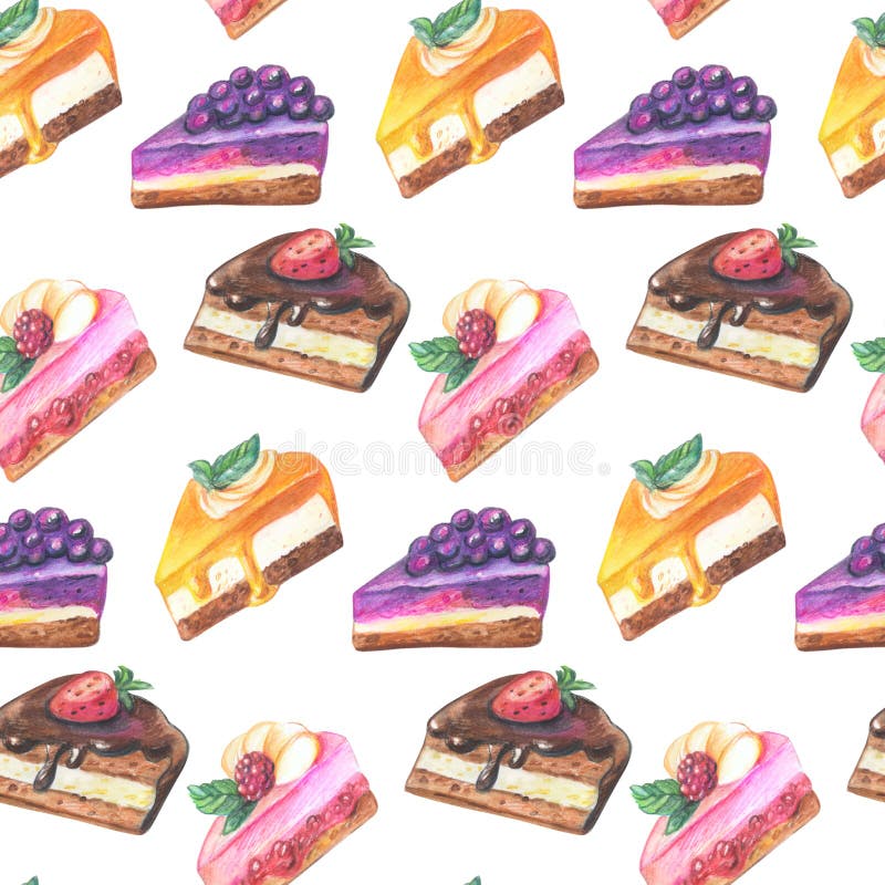 Modèle sans couture des morceaux de gâteau Crayon tiré par la main d'aquarelle illustration libre de droits Modèle sans couture des morceaux de gâteau Crayon tiré par la main d'aquarelle illustration libre de droits