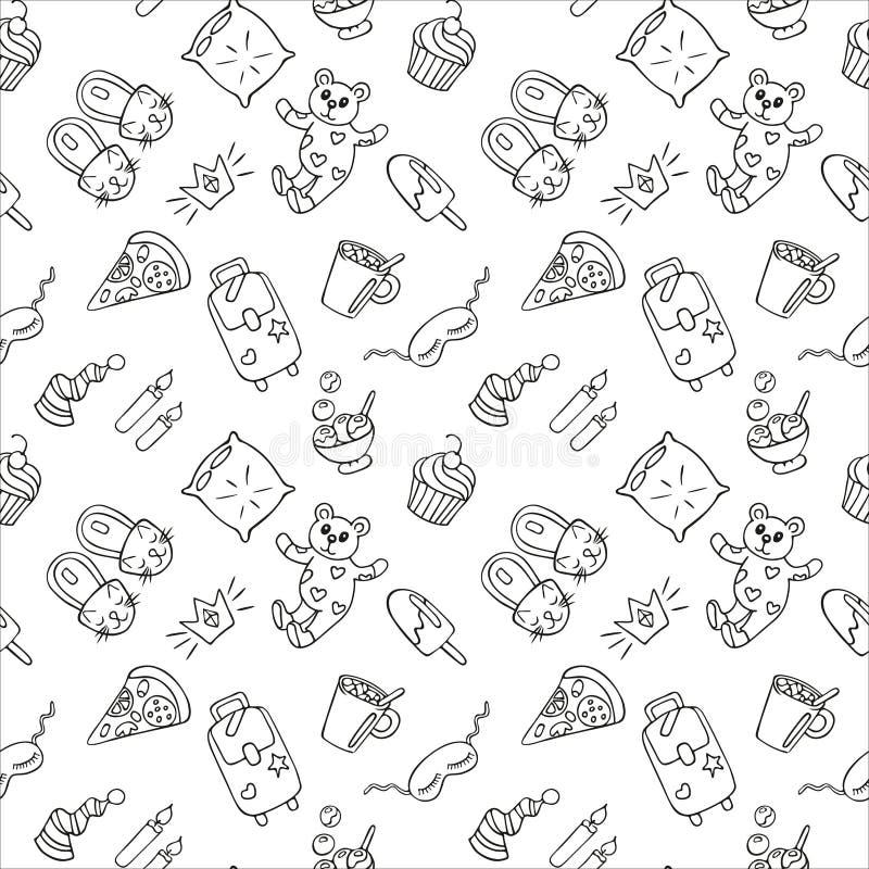 Modèle sans couture des objets pour le sleepover ou la soirée pyjama de pyjama dans le style scribble. Contour noir tiré par la ma illustration de vecteur