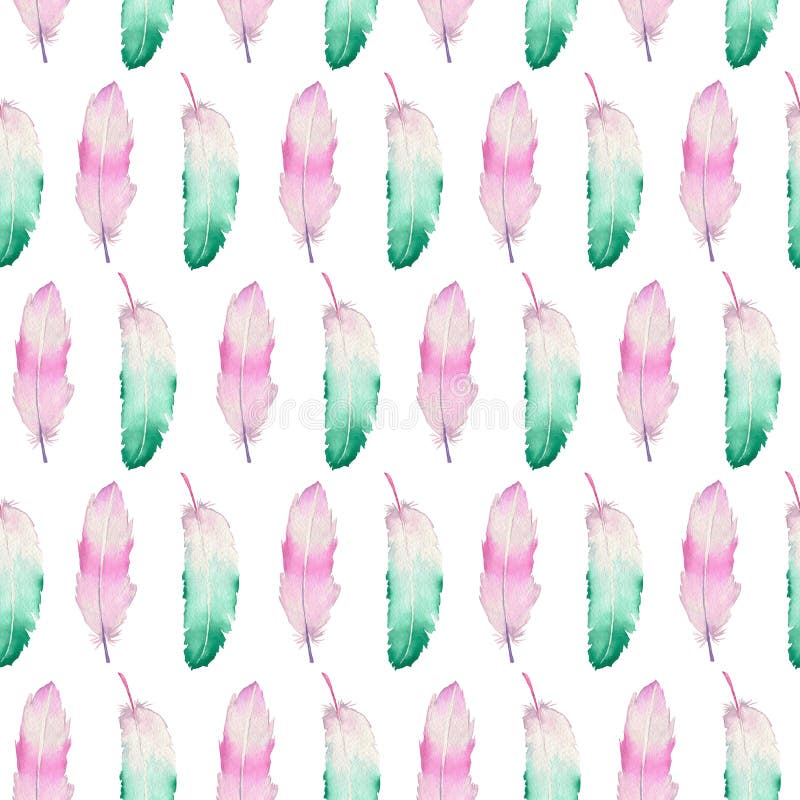 Seamless pattern of mint and pink feathers painted with watercolors on a white background. Seamless pattern of mint and pink feathers painted with watercolors on a white background