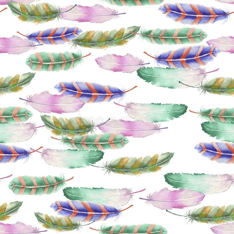 Seamless pattern of colored feathers painted with watercolors on a white background. Seamless pattern of colored feathers painted with watercolors on a white background