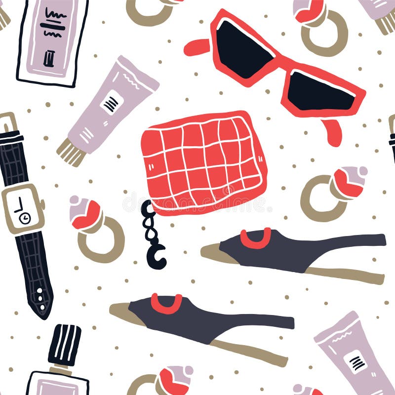 Modèle sans couture flatlay d'accessoires de mode illustration stock Modèle sans couture flatlay d'accessoires de mode illustration stock