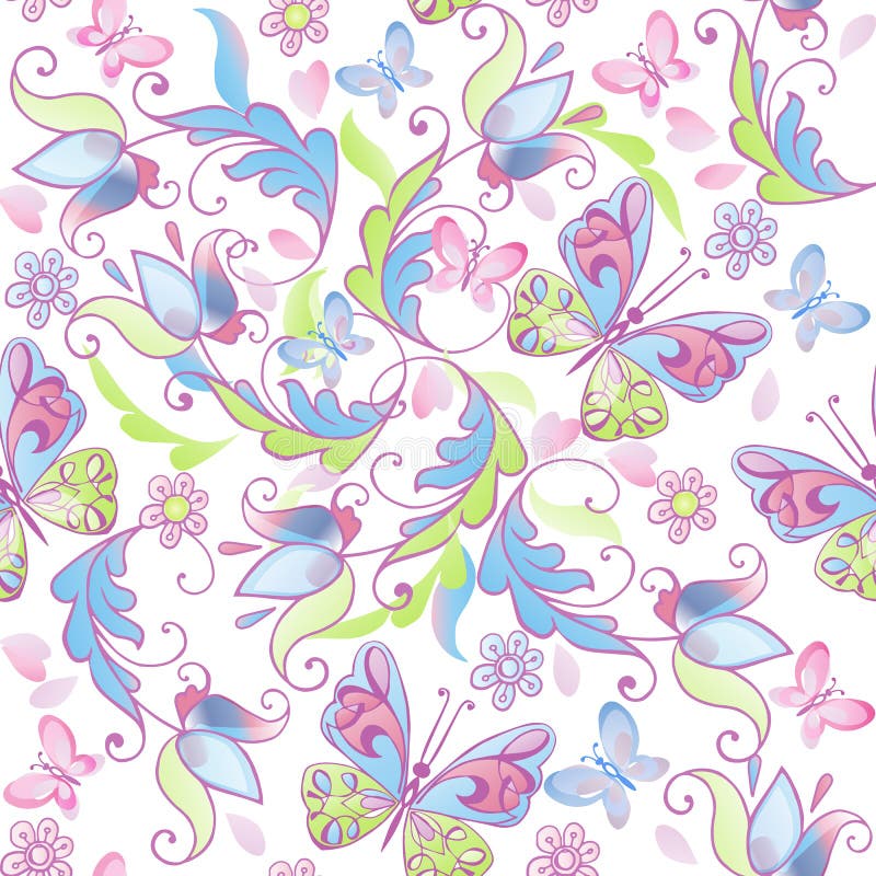 Modèle sans couture floral mignon avec les papillons roses et bleus Contexte décoratif d'ornement pour le tissu, textile, papier illustration libre de droits Modèle sans couture floral mignon avec les papillons roses et bleus Contexte décoratif d'ornement pour le tissu, textile, papier illustration libre de droits