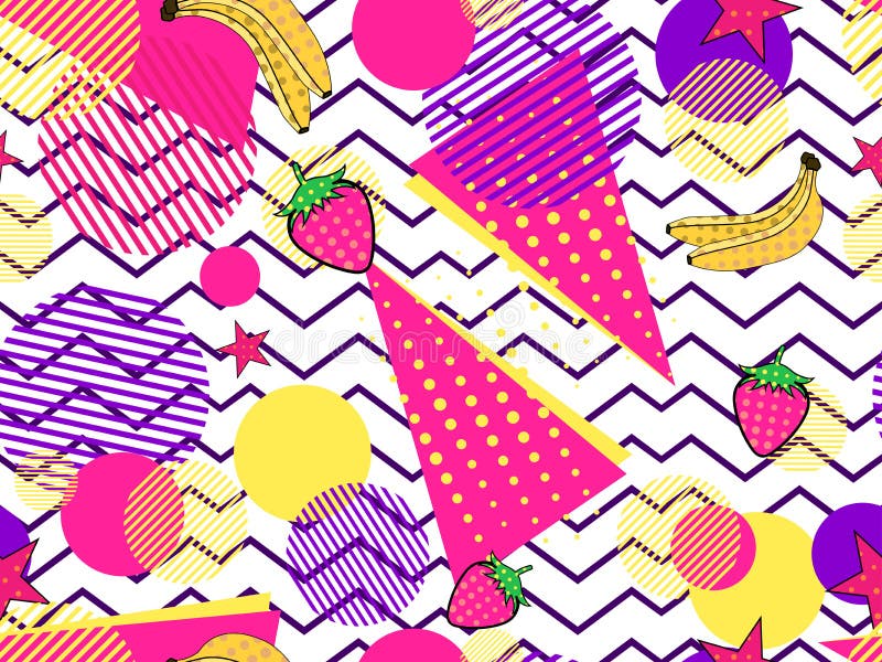 Modèle sans couture fruité avec des éléments de Memphis et le style d'art de bruit Fond rayé Vecteur illustration libre de droits Modèle sans couture fruité avec des éléments de Memphis et le style d'art de bruit Fond rayé Vecteur illustration libre de droits